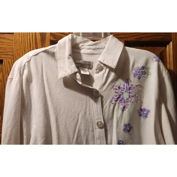 Women's Drapers & Damons White Embroidered/Beaded Button Long Sleeve Shirt Sz L - Picture 3 of 5